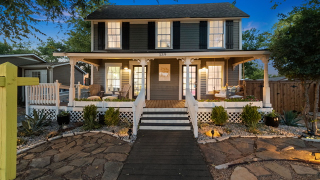 139 Olive event venue exterior and front porch at dusk in Keller
