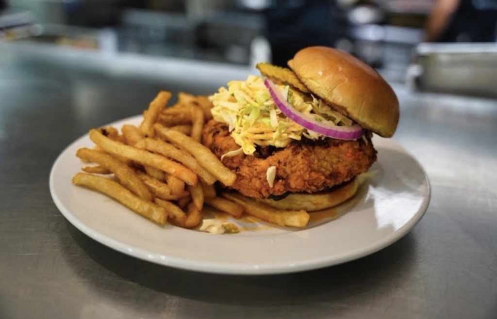 Fried chicken sandwich with slaw and fries at DeVivo Bros. Eatery in Keller