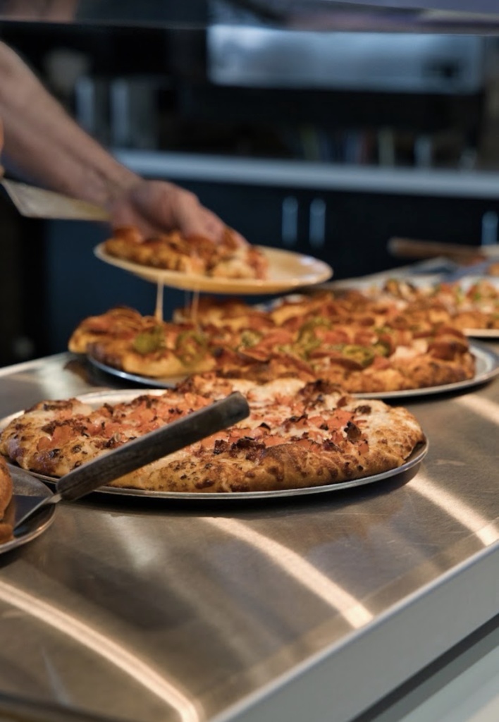 Pizzas at the serving counter at Mountain Mike’s Pizza in Keller